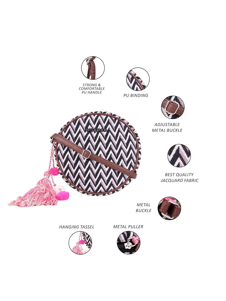 Astrid Women's Cotton Round Sling Bag with Pompom Tassels