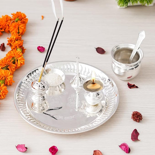 Ecraftindia Silver Pooja Thali Set With Diya, Ghanti, Kalash, Spoon, Agarbatti Stand, Bowl