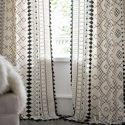 Huesland Cotton Curtains for Windows, 5 Feet Long 1 Bohemian Eyelet Curtain | Boho Tribal White & Black