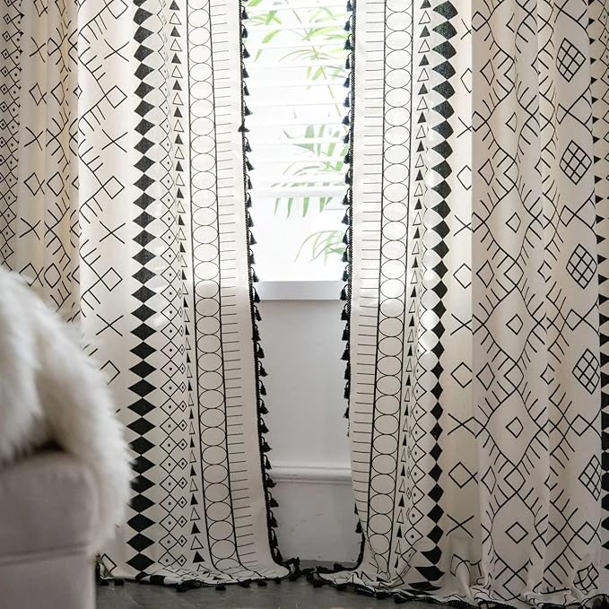 Huesland Cotton Curtains for Door, 7 Feet Long 1 Bohemian Eyelet Curtain | Boho Tribal White & Black