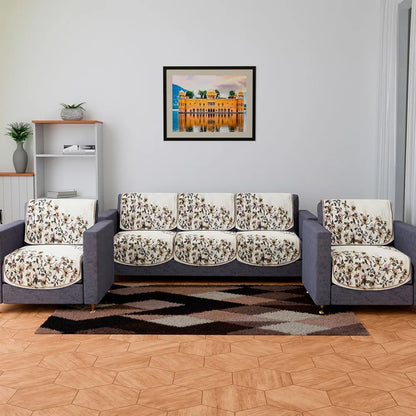 Kuber Industries Velvet Sofa Cover Set 5 Seater Couch Slipcover With Side Flower Design for Living Room Cream