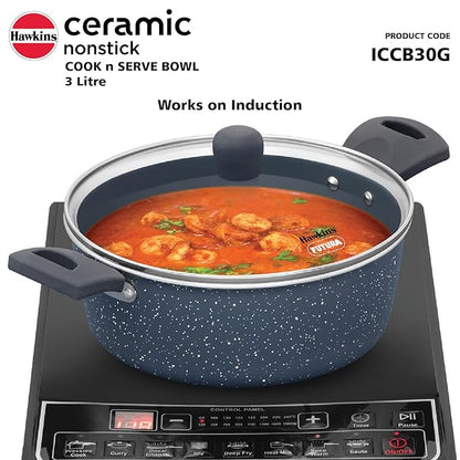 Hawkins Ceramic Nonstick Cook n Serve Bowl with Glass Lid 3 Litre Induction