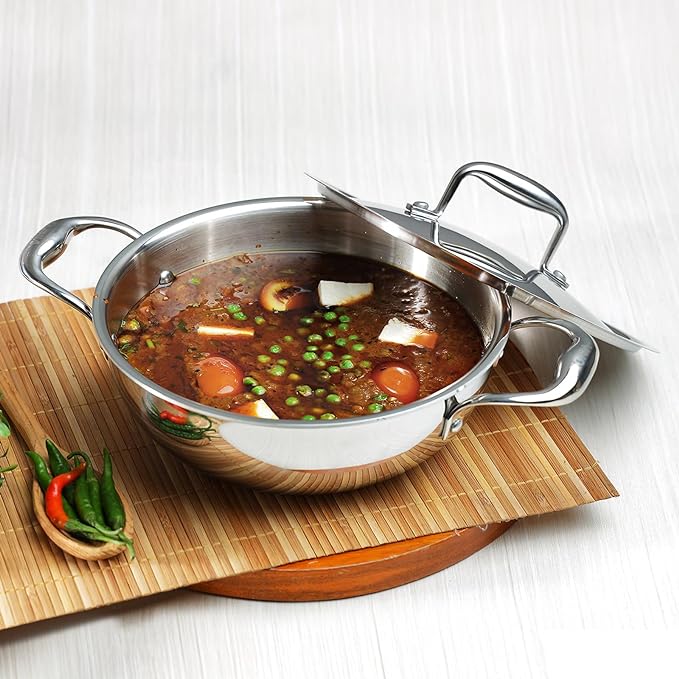 Vinod Platinum Triply Stainless Steel Cookware Kadai with Lid - 1.8 litre, 22 cm / 2.5 mm Thick