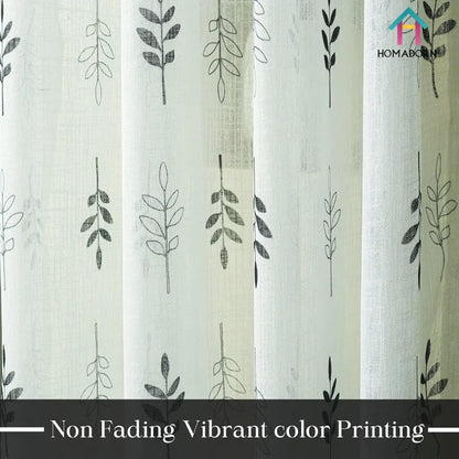 Homadorn Linen Sheer Printed Semi Transparent Curtains for Window Set of 2 Black Foliate