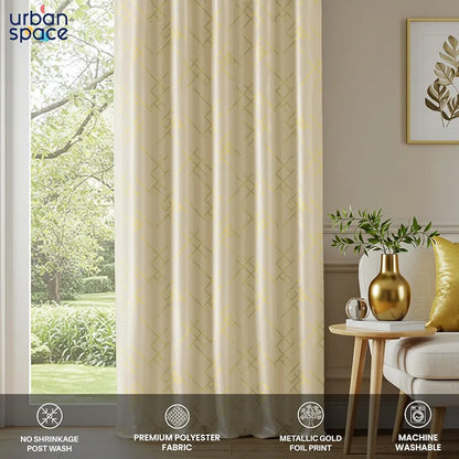 Urban Space Blackout Curtains for Living Room, Gold Foil Printed Luxurious Blackout Decorative Door Curtain Eyelet with Tieback, 1 Piece Criss Cross Beige