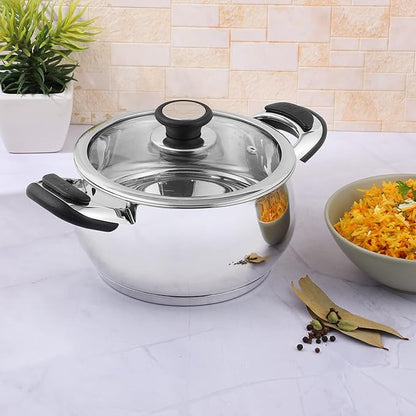 Vinod Durban Stainless Steel Saucepot Handi with Glass Lid - 2.7 Litre, 18 cm | Stylish Durable Handles