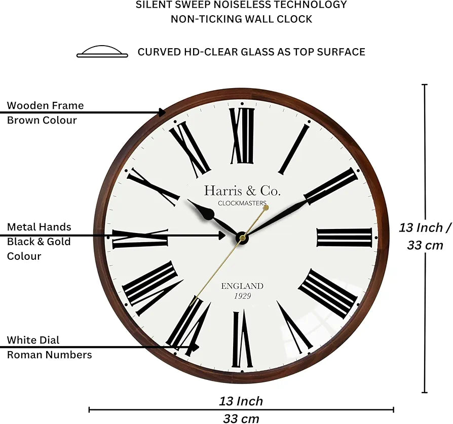 Harris & Co. Clockmasters Luxury Wooden Frame Curved Glass Silent Sweep Noiseless Technology Roman Design Analog Wall Clock With Spade Hands