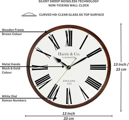 Harris & Co. Clockmasters Luxury Wooden Frame Curved Glass Silent Sweep Noiseless Technology Roman Design Analog Wall Clock With Spade Hands