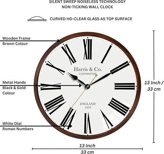 Harris & Co. Clockmasters Luxury Wooden Frame Curved Glass Silent Sweep Noiseless Technology Roman Design Analog Wall Clock With Spade Hands