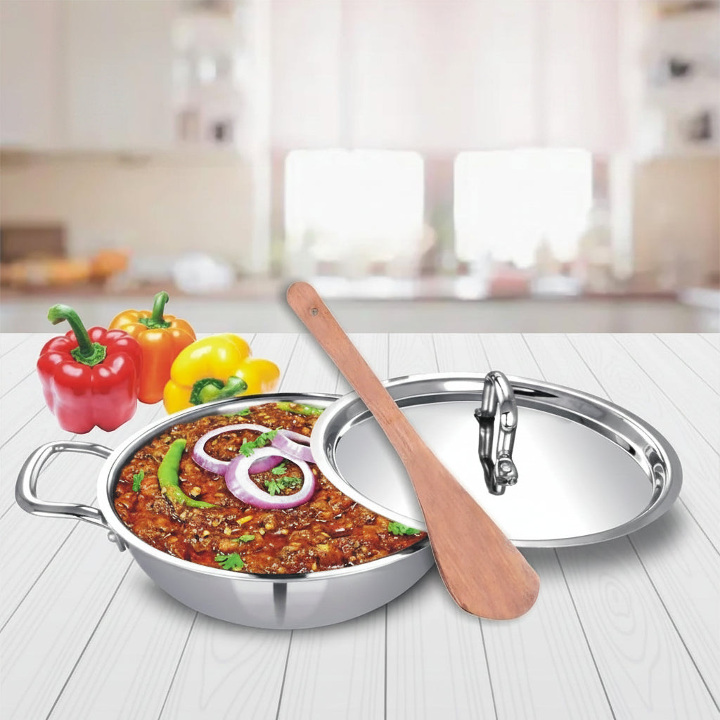 Human Hydro Tri-Ply Stainless Steel Kadai with SS Lid and Spatula 24cm 2.8L Induction Gas
