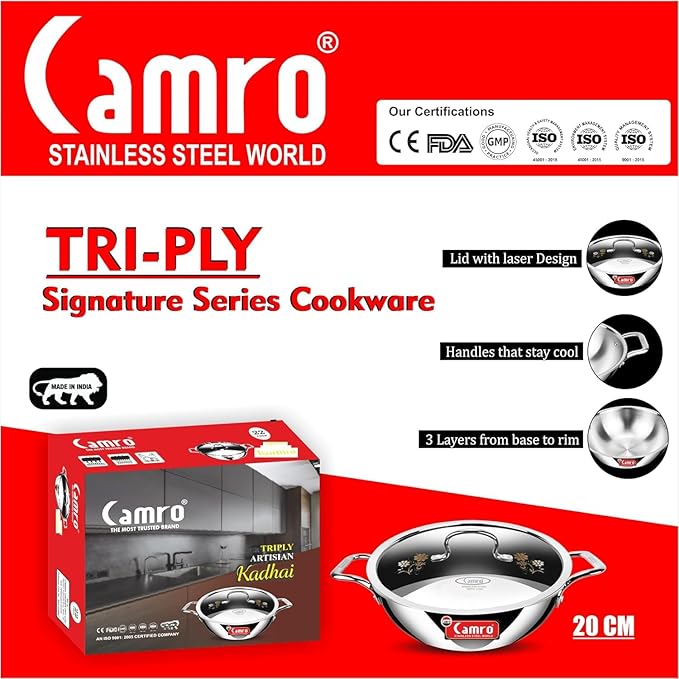 Camro Tripro Triply Signature Kadhai with lid 20 Cm 1.2 Liters Capacity Stainless Steel Lid for Curry