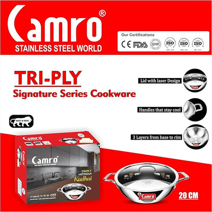 Camro Tripro Triply Signature Kadhai with lid 20 Cm 1.2 Liters Capacity Stainless Steel Lid for Curry