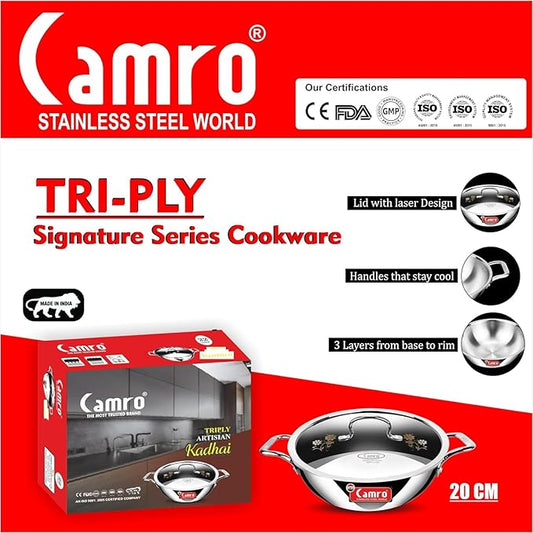 Camro Tripro Triply Signature Kadhai with lid 20 Cm 1.2 Liters Capacity Stainless Steel Lid for Curry