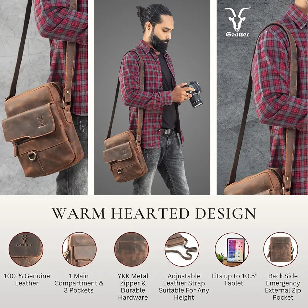 Goatter Men's Hunter Leather 11" Inch Multi-Pocket Messenger Bags 
