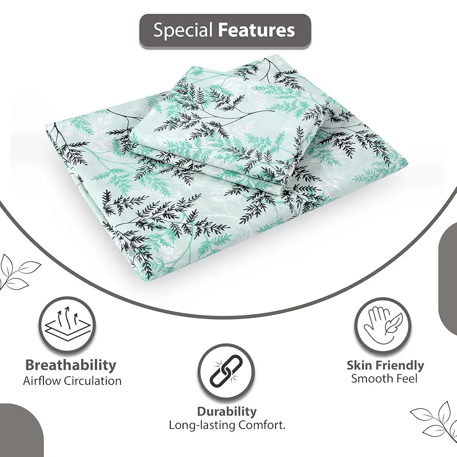 Divine Casa 144 TC 100% Cotton Bedsheet for Double Bed with 2 Pillow Cover Colour Blue Mint