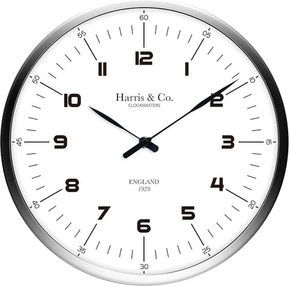 Harris & Co. Clockmasters Premium Wall Clock Luxury Number Dial - 13 Inch Analog White