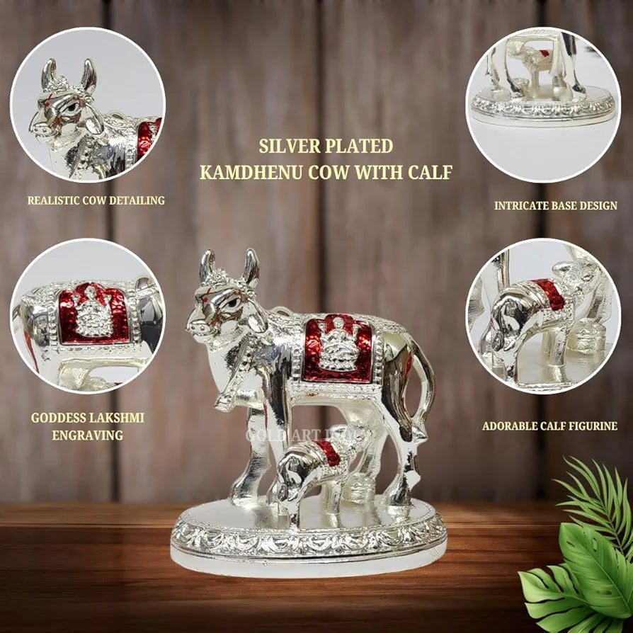 Gold Art India Kamdhenu Cow and Calf Idol with Red Accents Shiny Silver Finish | 7.62 cm