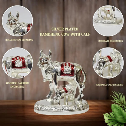 Gold Art India Kamdhenu Cow and Calf Idol with Red Accents Shiny Silver Finish | 7.62 cm