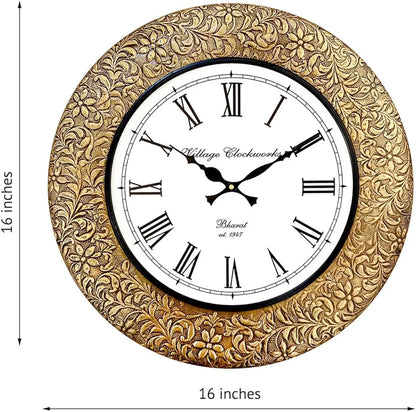 RoyalsCart Emboss Metal Analog Wall Clock Size - 16 X 16 Inches [Ktwc255] Gold Emboss Metal