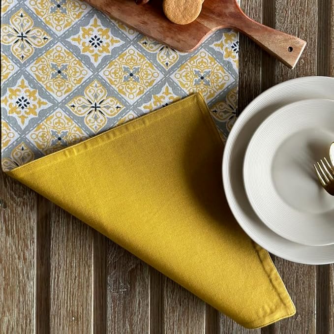 Oak & Lily Table Runner in Yellow & Grey Print Washable 4 Seater & 6 Seater Dining Center