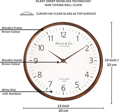 Harris & Co. Clockmasters Luxury Wooden Analog Wall Clock - 13 Inch Model - Trafalgar Street