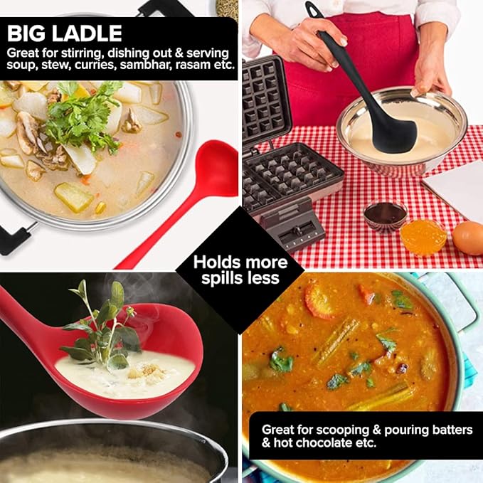 Fiable Premium Silicone Big Ladle for Cooking Deep Ladle for Serving Black