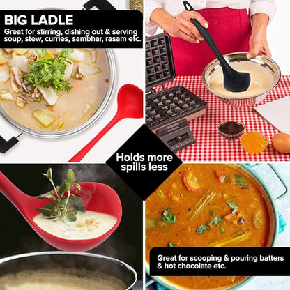 Fiable Premium Silicone Big Ladle for Cooking Deep Ladle for Serving Black