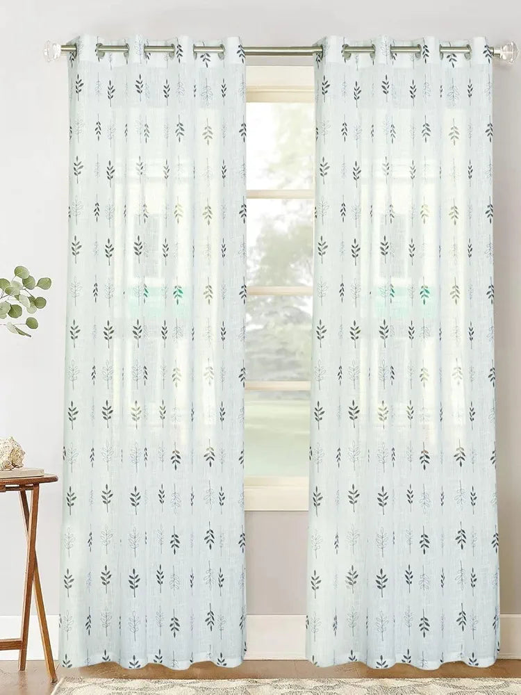 Homadorn Linen Sheer Printed Semi Transparent Curtains for Window Set of 2 Black Foliate