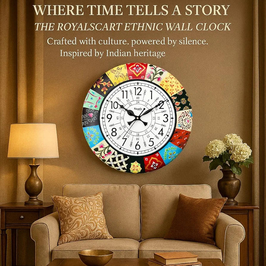RoyalsCart Handcrafted Decorative Wall Clock with Morden Painting Multicolour Wooden Clock [KTWC186N] Multicolour Elegant Painting