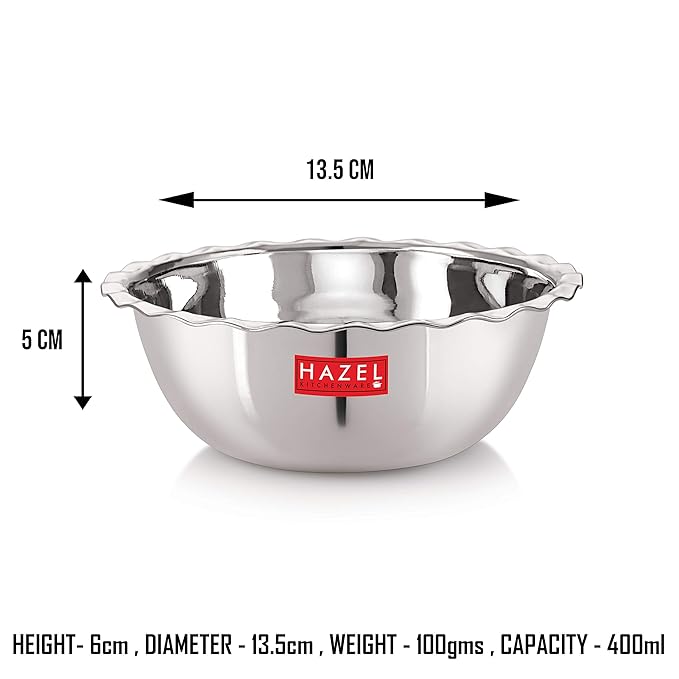 Hazel Stainless Steel Classic Serving Bowl Wati Vati Katori with Lid 400 ml (Silver, 13.5 cm)