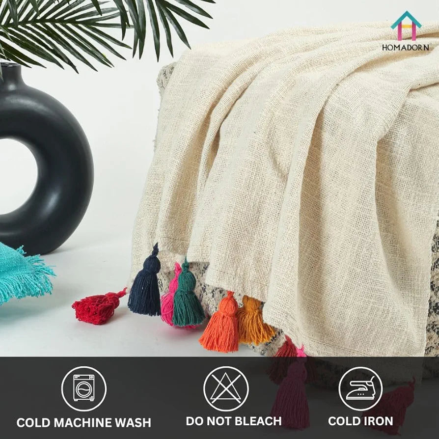 Homadorn 100% Cotton Off White Throw 300 TC Blanket with Handmade Colorful Tasse lColour Multicolor