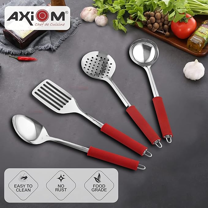 Axiom Kitchen Tools Stainless Steel Heavy Gauge With Anti Slip Silicon Grip Handle Non-Stick 4 Piece Set
