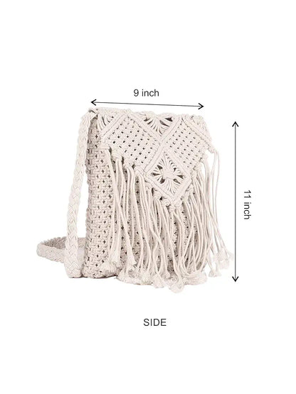 Astrid Handmade Macrame Flap Over Sling Bag For Girls And Women Colour Soothing White Purplish