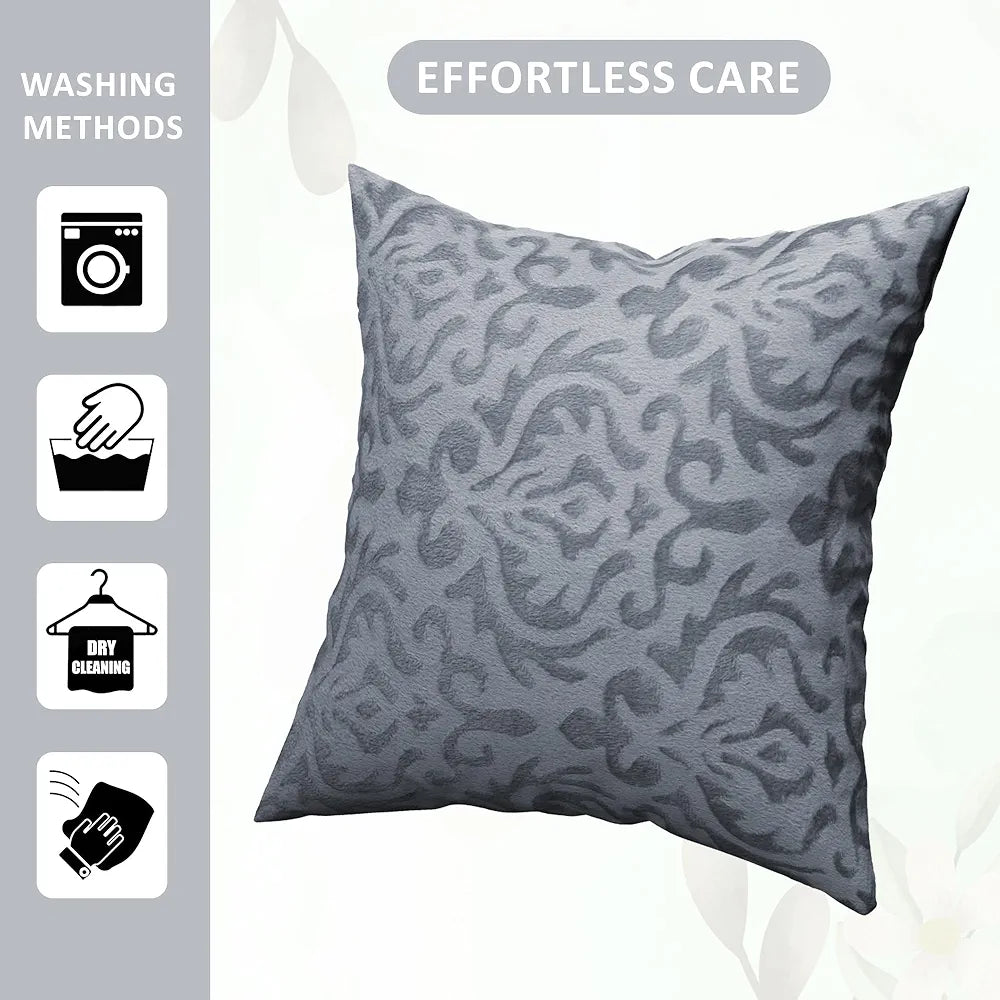 Kuber Industries Set of 5 Washable & Removable Velvet Sofa Pillow Covers with Zip Floral Design Grey