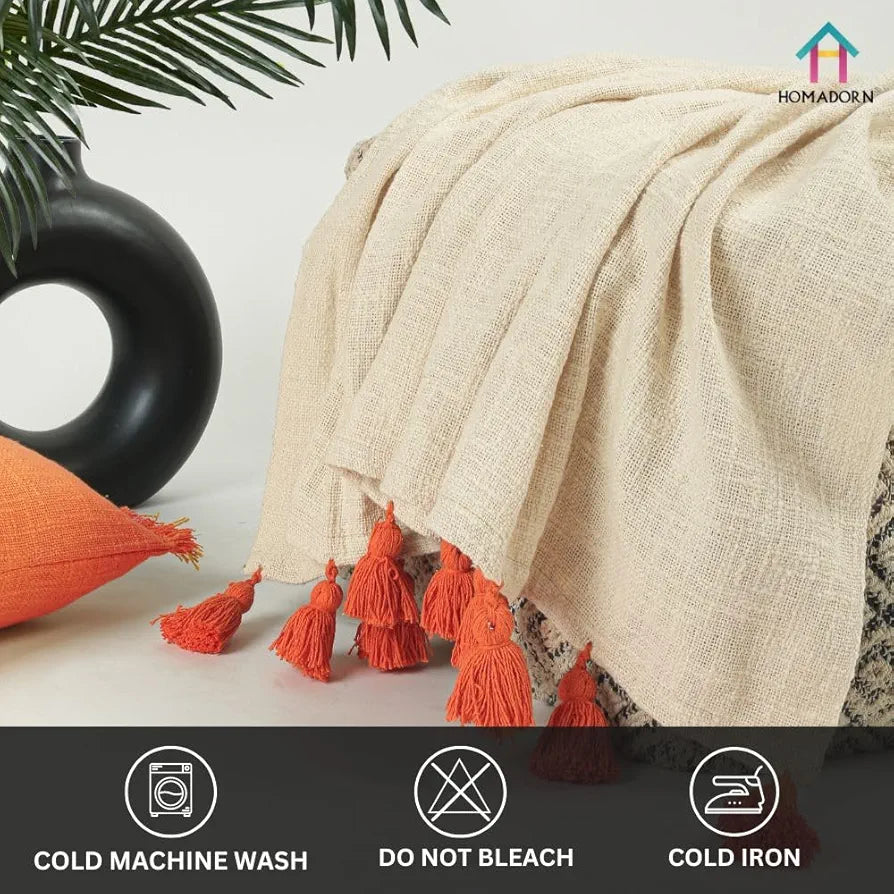 Homadorn 100% Cotton Off White Throw Blanket with Handmade Colorful Tassel Colour Orange