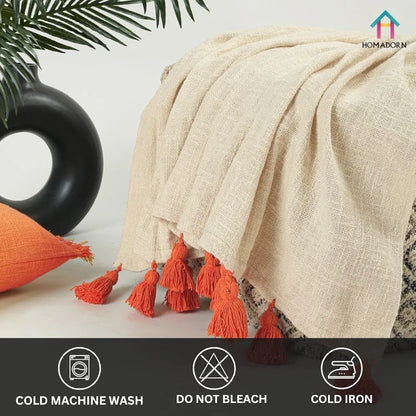Homadorn 100% Cotton Off White Throw Blanket with Handmade Colorful Tassel Colour Orange