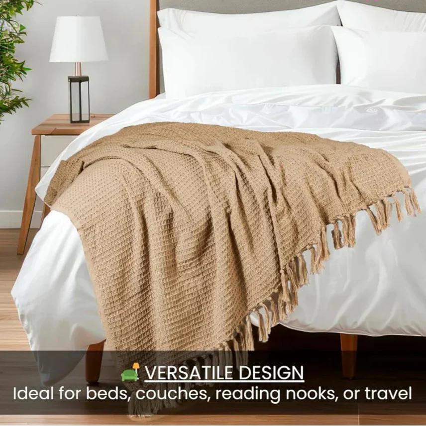 Homadorn Waffle Weave Cotton Throw Blanket  Colour Beige