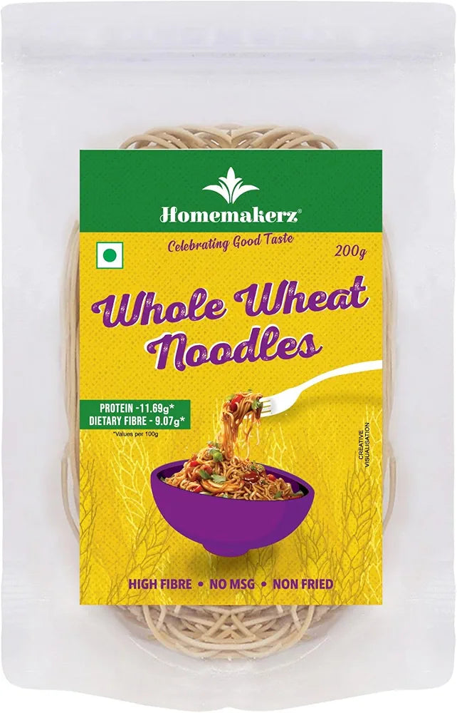 Homemakerz Whole Wheat Noodles, Natural, Preservative Free, Not Fried & No Oil, Healthy & Tasty Hakka Noodles With High Fibre & Zero Maida, 200g