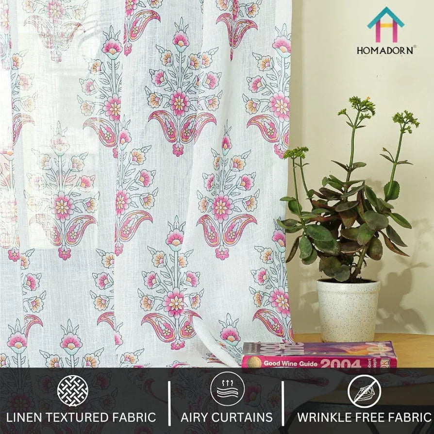 Homadorn Linen Sheer Printed Semi Transparent Curtains for Window Set of 2 Fuchsia fusion