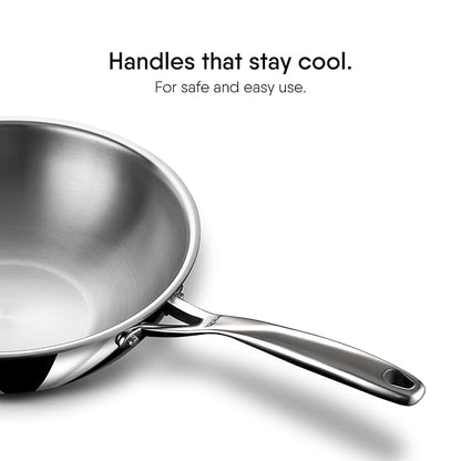 Stahl Artisan Triply Stainless Steel Wok With Lid | Deep Frypan Induction Base | Induction & Gas Stove Compatible | 2.4 L | 24 Cm