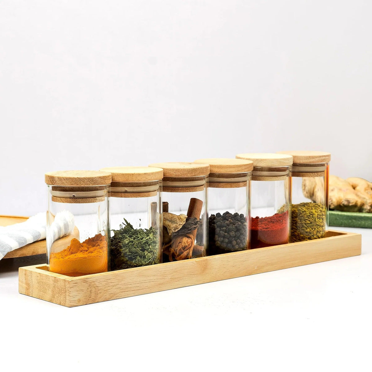 Anko Set of 6 Glass Spice Jars with Wooden Tray | 90ml | Airtight | Rubberwood Lid | Brown