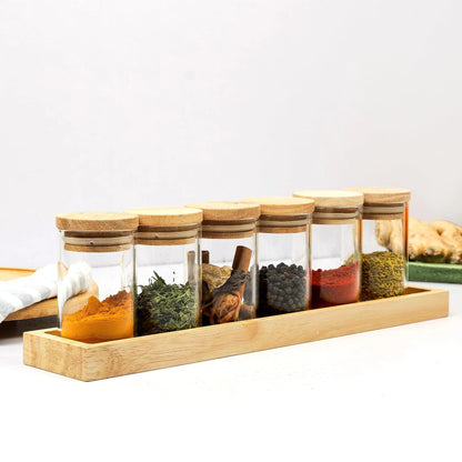Anko Set of 6 Glass Spice Jars with Wooden Tray | 90ml | Airtight | Rubberwood Lid | Brown