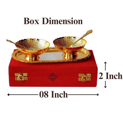 Indian Art Villa Pure Brass With Silver Plating & Gold Polished 2 Bowl 2 Spoon & 1 Tray Set