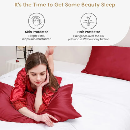 Cloth Fusion Satin Pillow Cover Set of 2 for Pillow Case with 3 Satin Soft Scrunchies for Women Crimson Red
