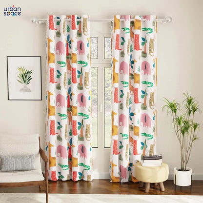 Urban Space Digital Printed Blackout Curtains for Door Bedroom Room Darkening Blackout Kids Decorative Curtains, 1 Piece Curtain Jungel Safari Buttercream
