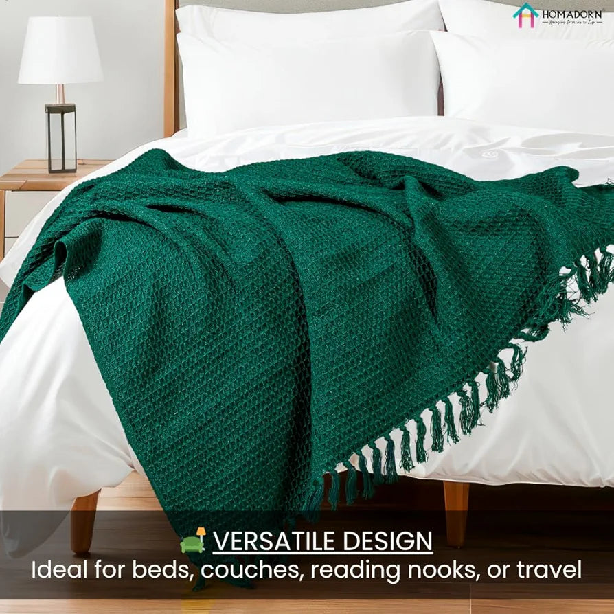 Homadorn Waffle Weave Cotton Throw Blanket Colour Bottle Green
