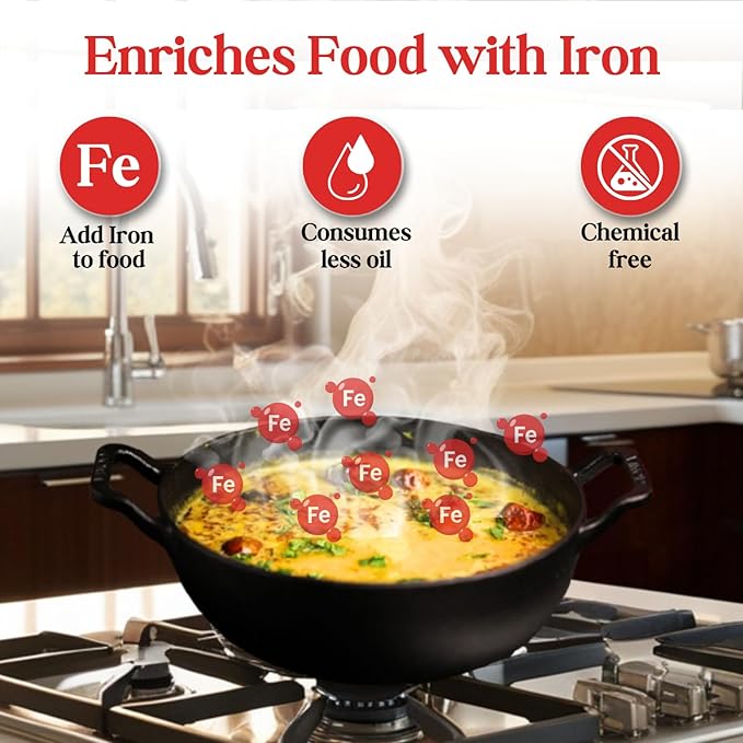 Vinod Legacy Pre Seasoned Cast Iron Kadai with Glass Lid - 4.3 Litre, 26 cm | Naturally Non Stick | Iron kadai for Cooking, deep Frying