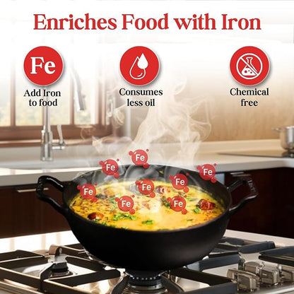 Vinod Legacy Pre Seasoned Cast Iron Kadai with Glass Lid - 4.3 Litre, 26 cm | Naturally Non Stick | Iron kadai for Cooking, deep Frying