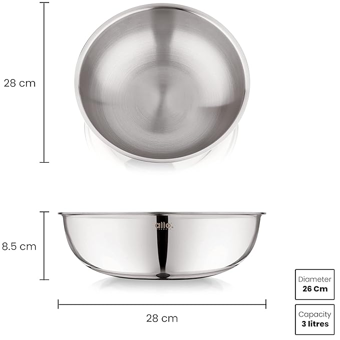 Allo Triply Stainless Steel Tasla Ideal Tasla for Curry Stir-Fry Deep-Fry Kadhai 26cm 3 litres