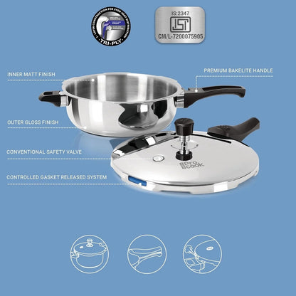 Milton ProCook Triply Stainless Steel Pressure Pan 4.5L Outer Lid Induction